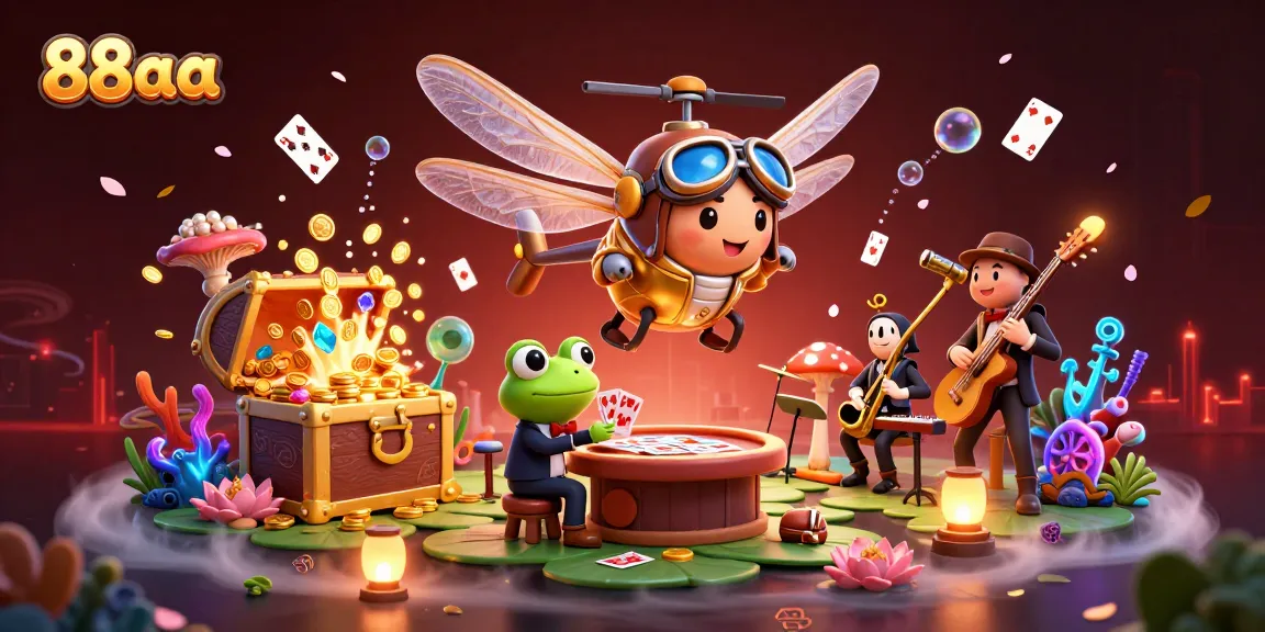 88aa engaging casino scene with a dragonfly pilot and frog croupier surrounded by vibrant elements.