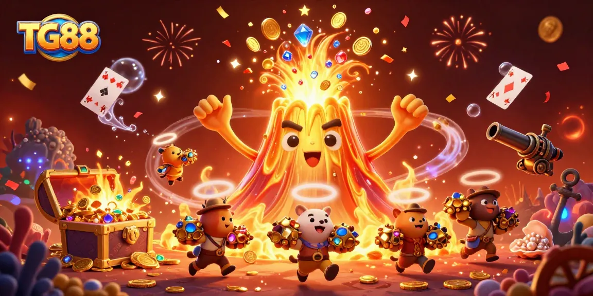 Engage with TG88's thrilling treasure eruption featuring a triumphant volcano and fleeing explorers!