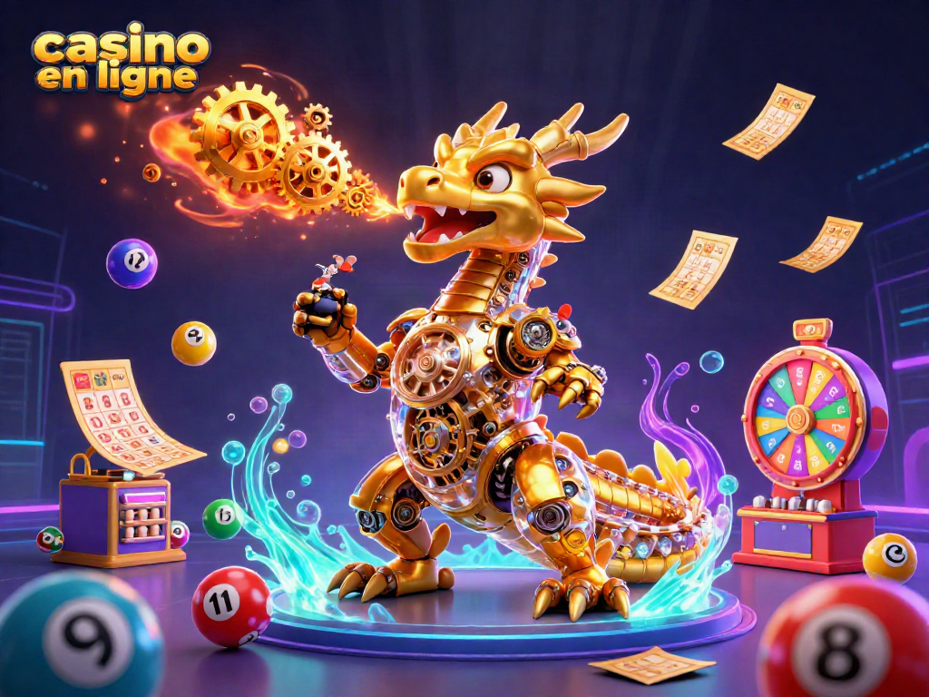 Découvrez le dragon doré du casino en ligne, entouré de balles de loterie et de billets d'or.