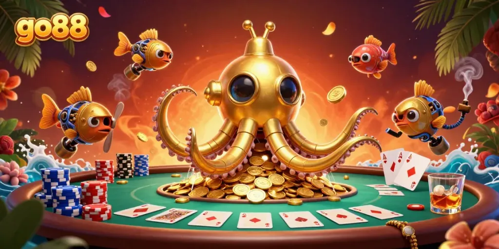 Engage with the vibrant world of go88, featuring a golden kraken submarine amidst poker elements and sparkling coins.