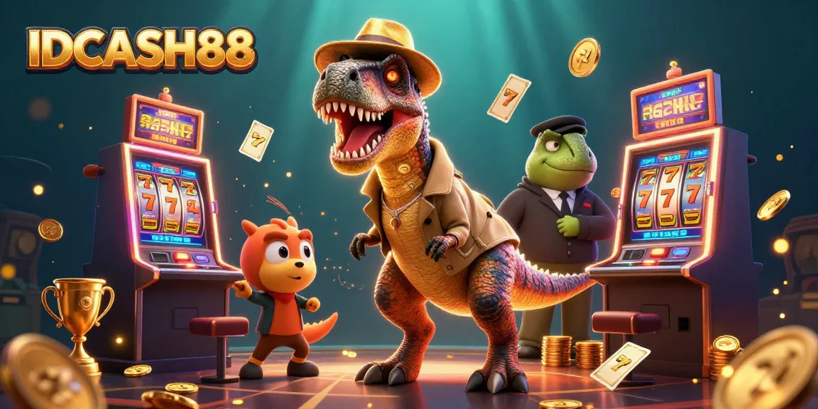 IDCASH88 brings fun to slot machines, featuring a sneaky velociraptor card counter and playful pit boss in action.