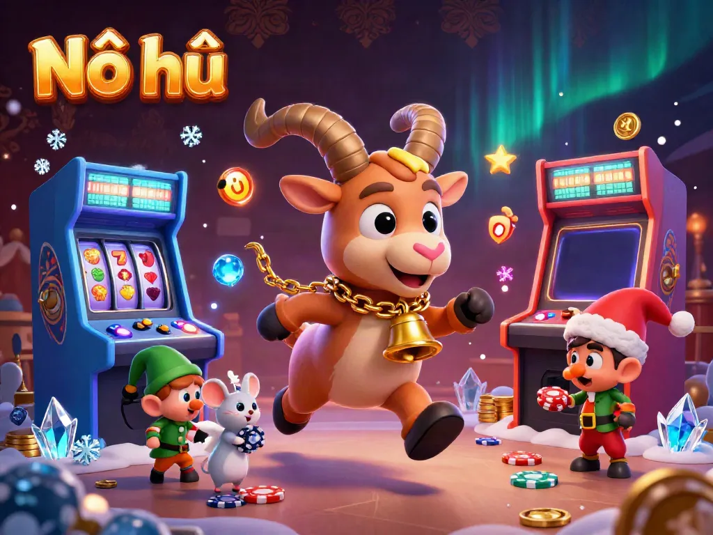 Nổ hũ casino scene featuring a Krampus goat and angel mouse surrounded by slot machine elements for immersive gameplay.