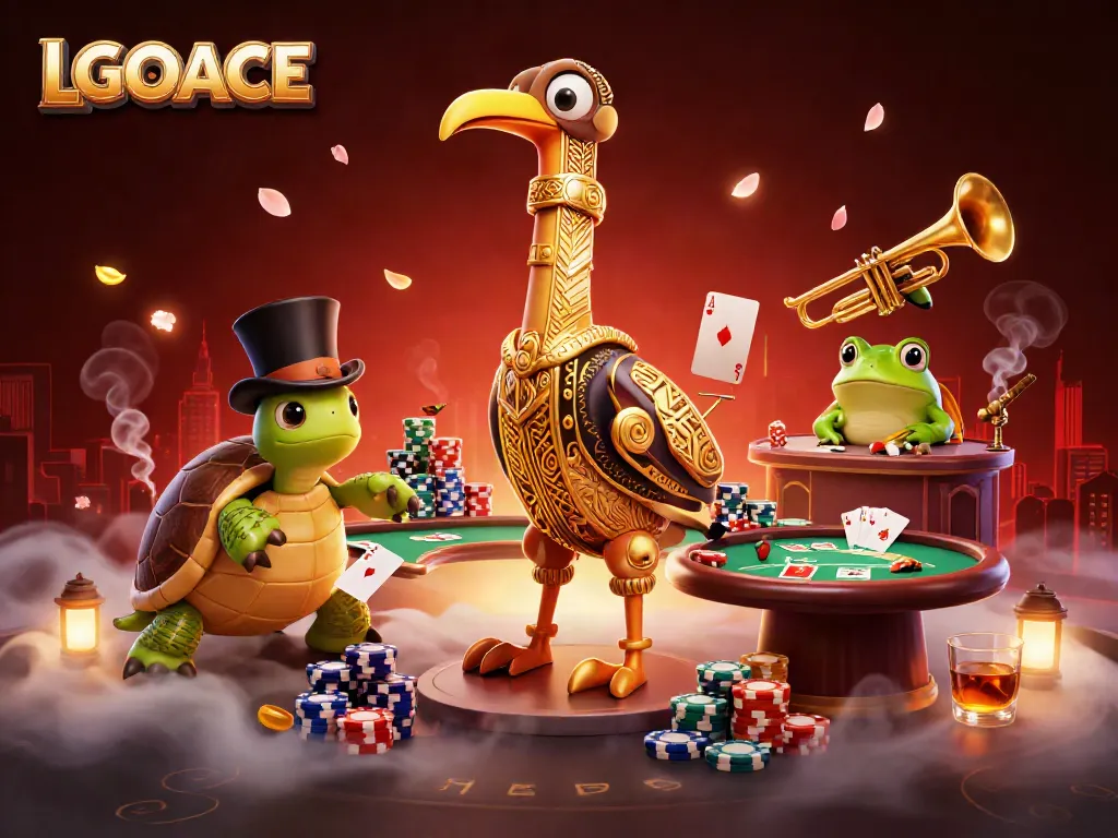 Engage with thrilling LGOACE poker action in a vibrant speakeasy with whimsical characters.