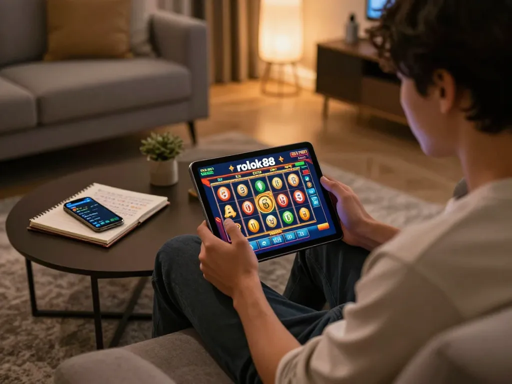 Experience the excitement of rokok88 slot with engaging gameplay displayed on a tablet in a cozy home setting.