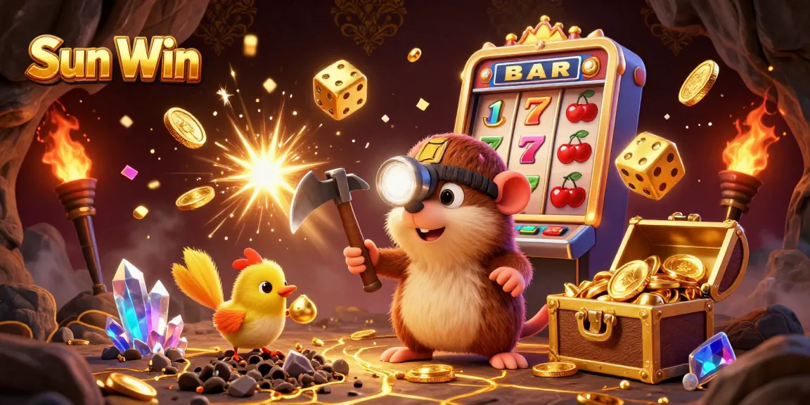 Engage with Sun Win as the treasure hunter mole discovers jackpot riches among glowing crystals and slot machines.