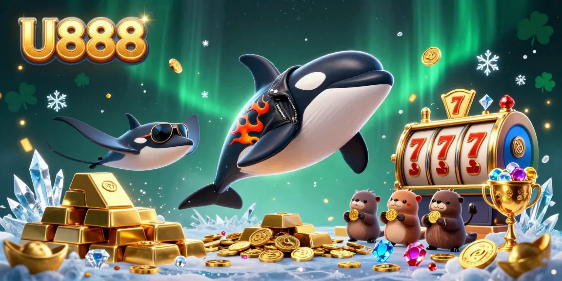 An engaging scene showcasing U888's festive casino atmosphere filled with treasure and animated characters.