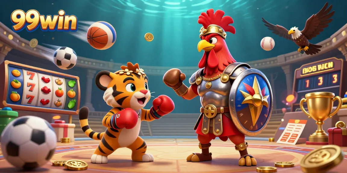 Experience dynamic gaming action at 99win with cartoon characters amid vibrant casino elements.