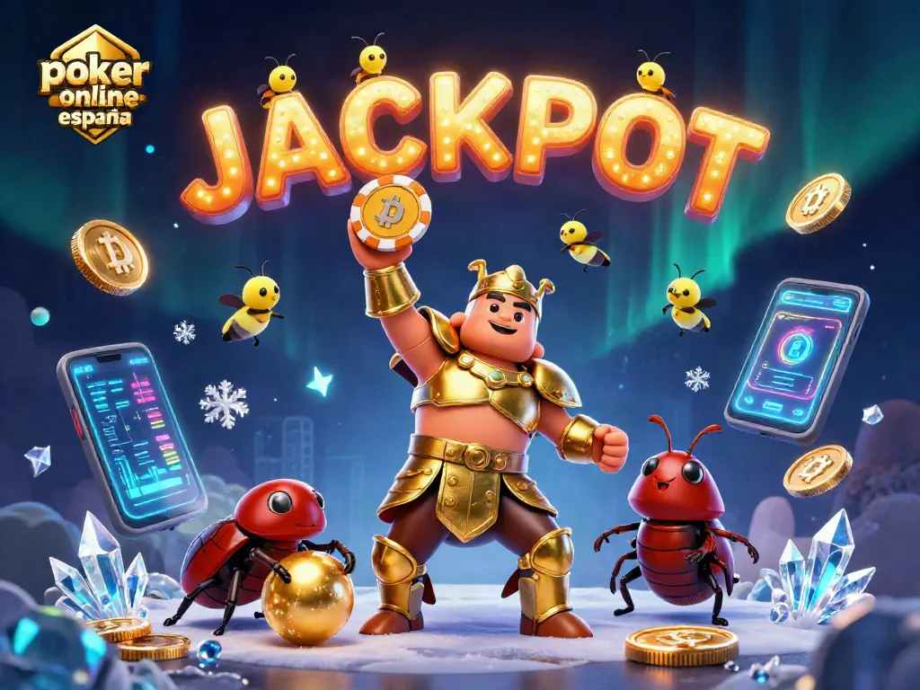 Gana en póker online en España con una escena victoriosa mostrando un escarabajo y elementos de juego en acción.