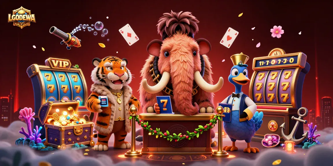 Experience thrilling wins at LGODEWA's vibrant casino with a dynamic 3D scene of characters and gaming elements.