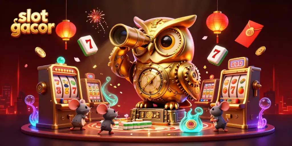 Slot gacor dalam ilustrasi 3D menampilkan burung hantu emas dan mesin slot dengan elemen keberuntungan yang dinamis.