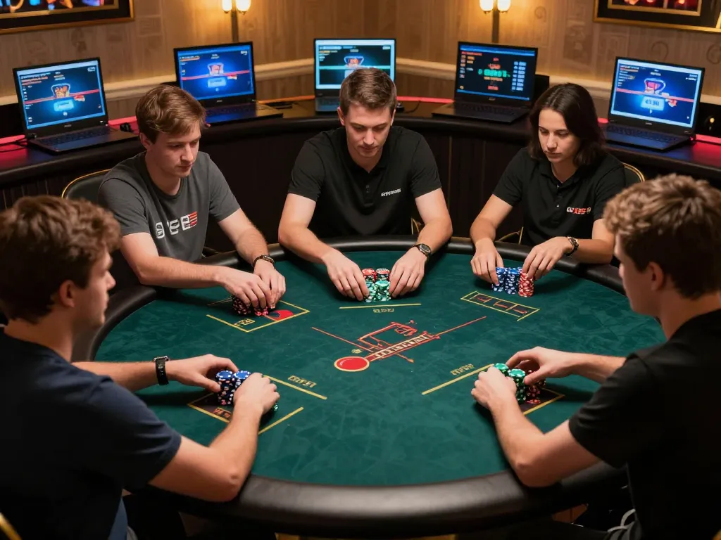 Players engage in strategic poker gameplay online at GK88, showcasing vibrant chips and screens.