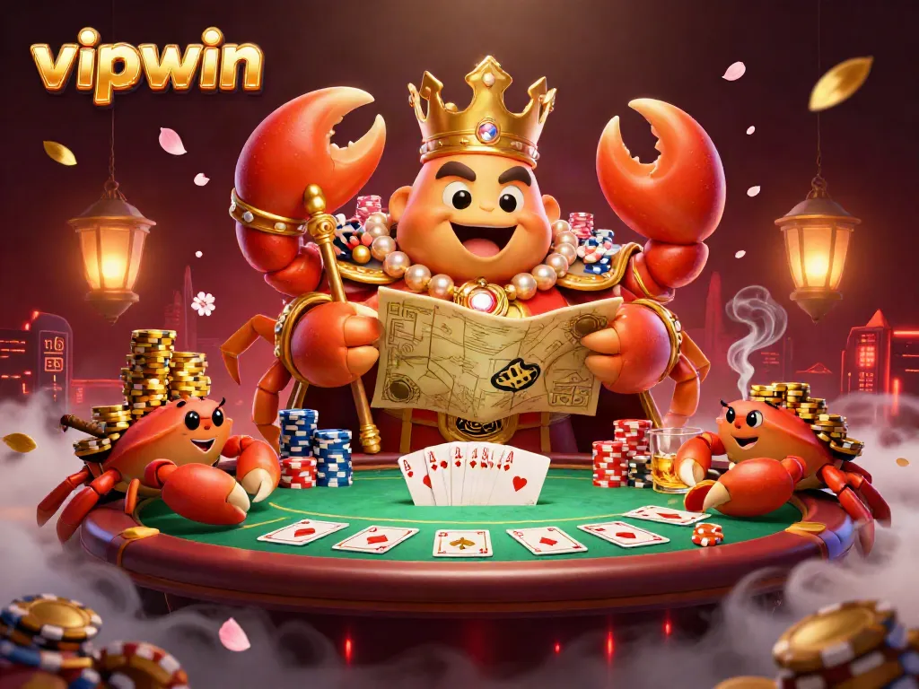 Experience a thrilling VIPWIN casino adventure with a majestic golden crab emperor amidst exciting gaming elements.