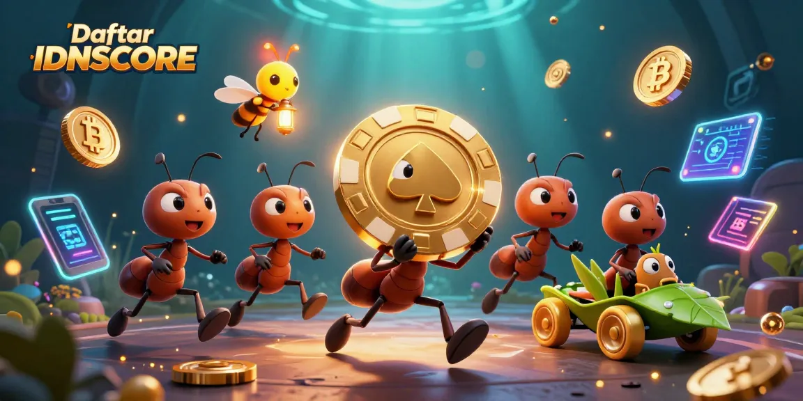 Engage in thrilling gaming action with Daftar IDNSCORE featuring ant characters on a high-stakes heist.