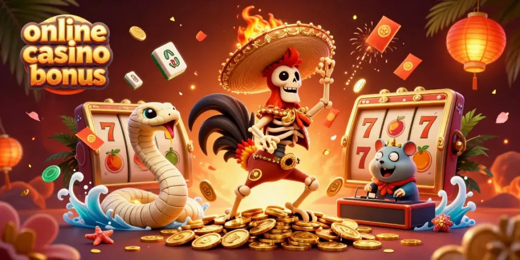 Celebrate big wins with an online casino bonus featuring vibrant characters and gaming elements.