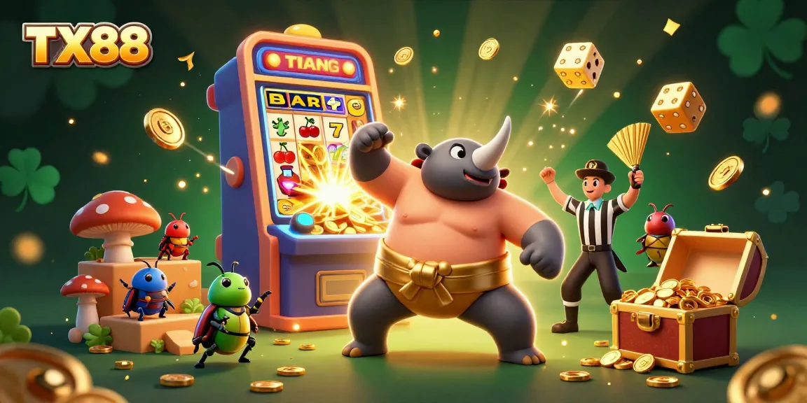 TX88 gambling scene with a rhinoceros beetle sumo champion celebrating winnings in a vibrant casino atmosphere.