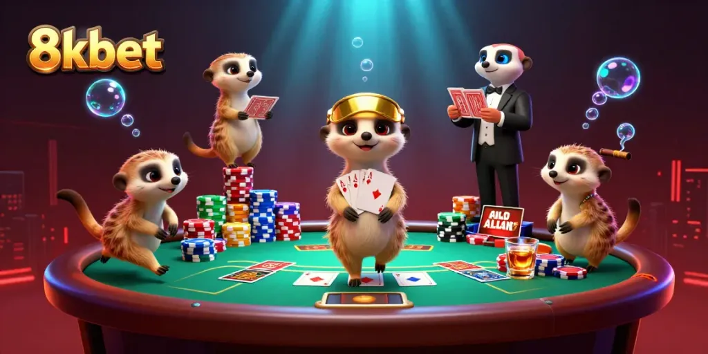 Experience the excitement of 8xbet casino with meerkats running poker games and vibrant gaming action.