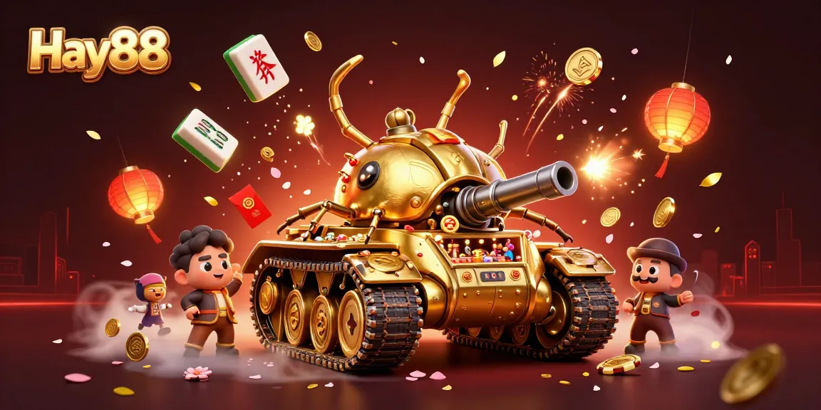 Hay88 engages players with a vibrant casino scene inside a golden beetle tank, filled with festive elements.