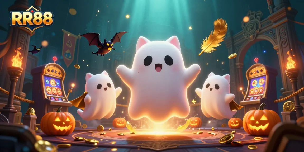 Experience thrilling gaming at RR88 with a ghost cat and vampire bat in a haunted casino scene.