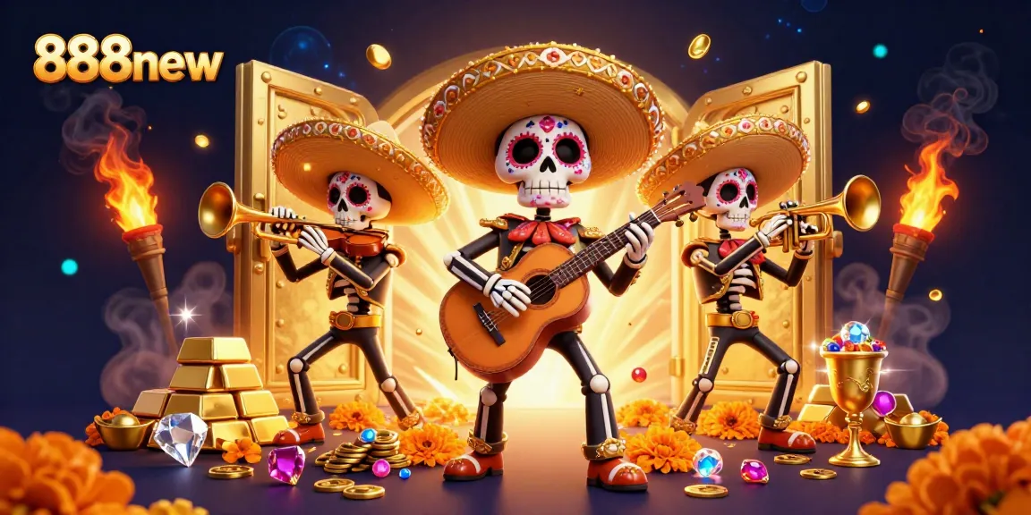 Engage in thrilling games at 888new with vibrant casino elements and lively mariachi band illustration.