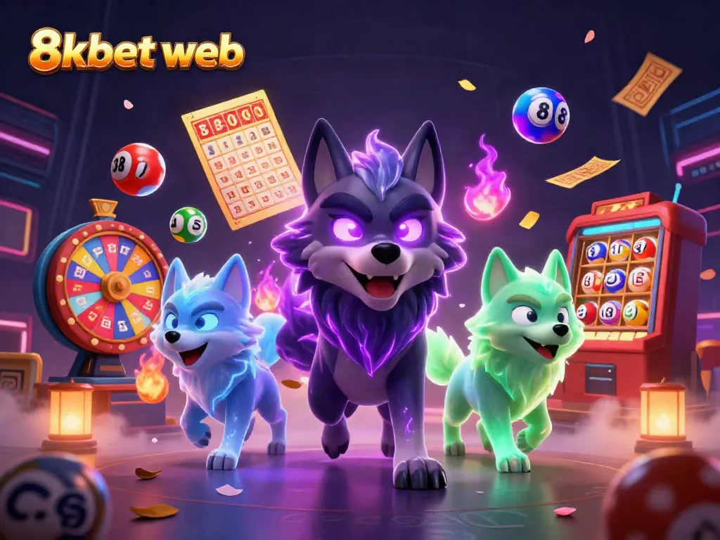 Engage with the thrilling world of 8xbet web, featuring a trio of ghostly wolves amidst vibrant casino symbols.