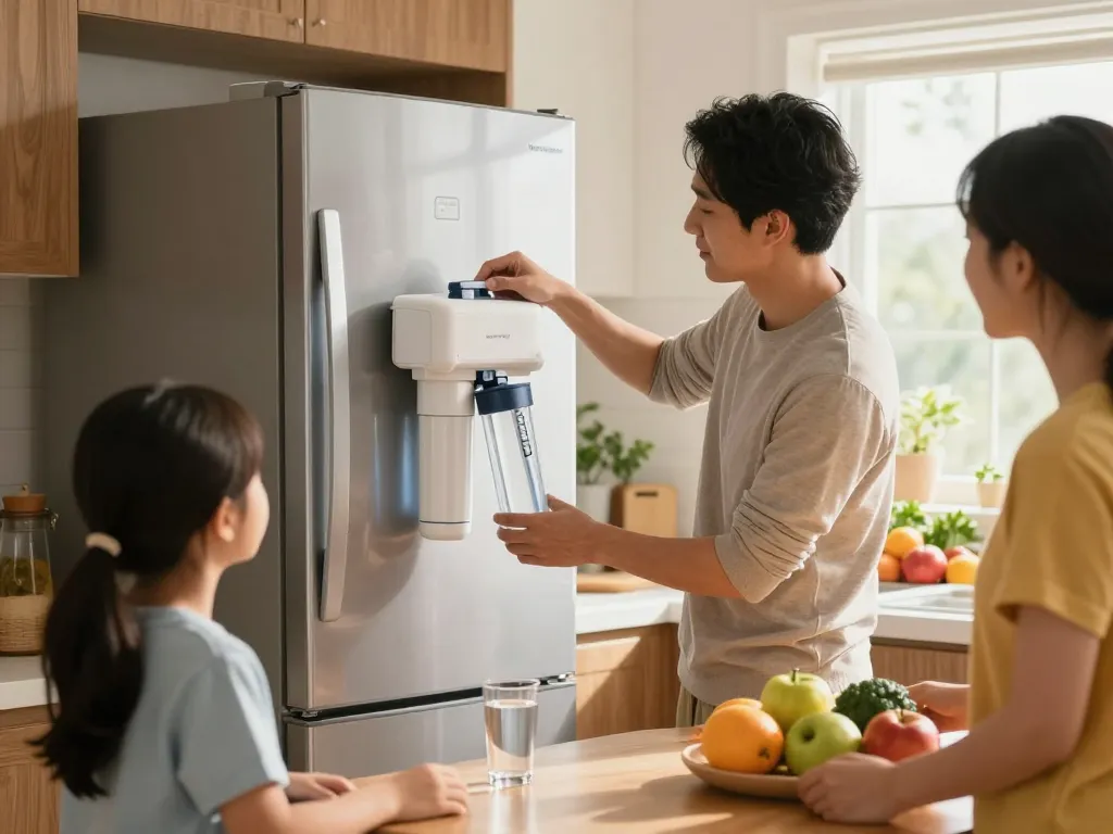 Family discussing the Waterspecialist Refrigerator Water Filter in a bright, inviting kitchen.