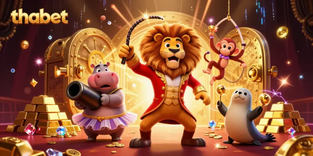Experience vibrant thabet casino delights with a dynamic 3D casino scene featuring interactive characters.