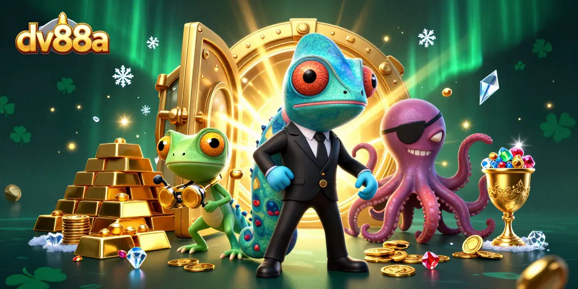 Win big at dv88a with this colorful 3D cartoon illustration of a chameleon secret agent amidst a treasure-filled casino.
