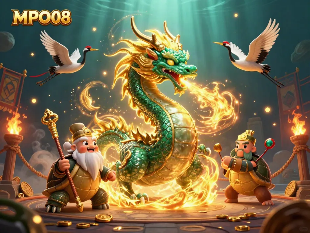 MPO08 players strategizing with an emerald dragon and lucky cranes in a vibrant casino scene