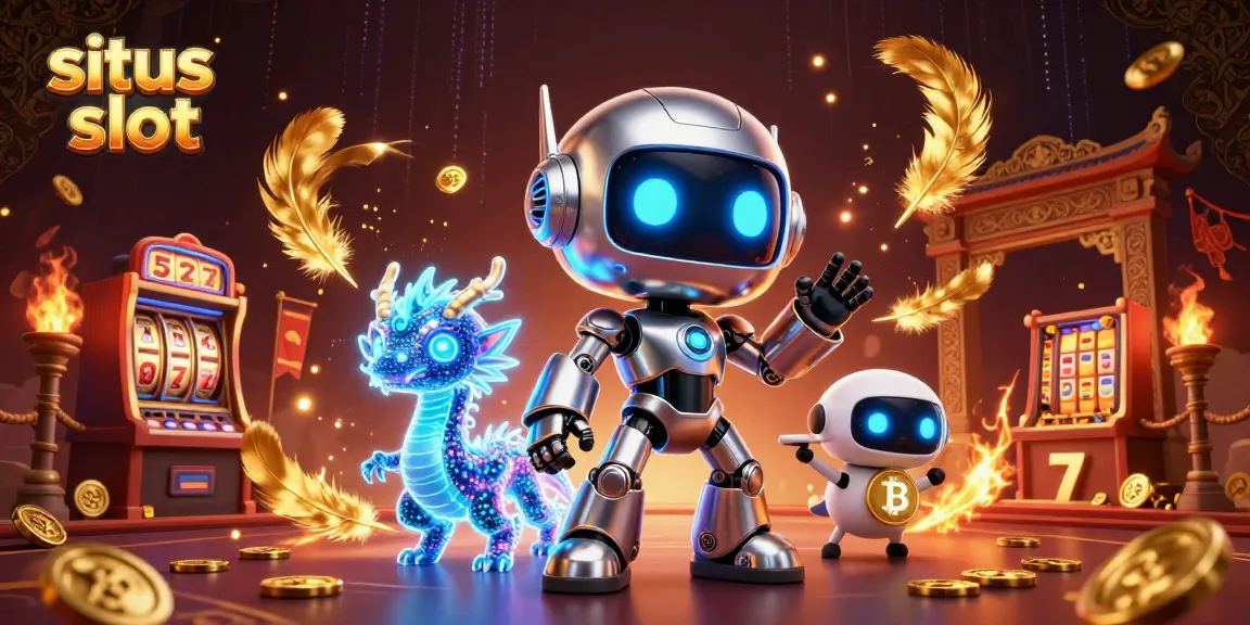 Putar dan Menang di permainan situs slot yang menampilkan karakter holografik dinamis dan elemen kasino yang cerah.