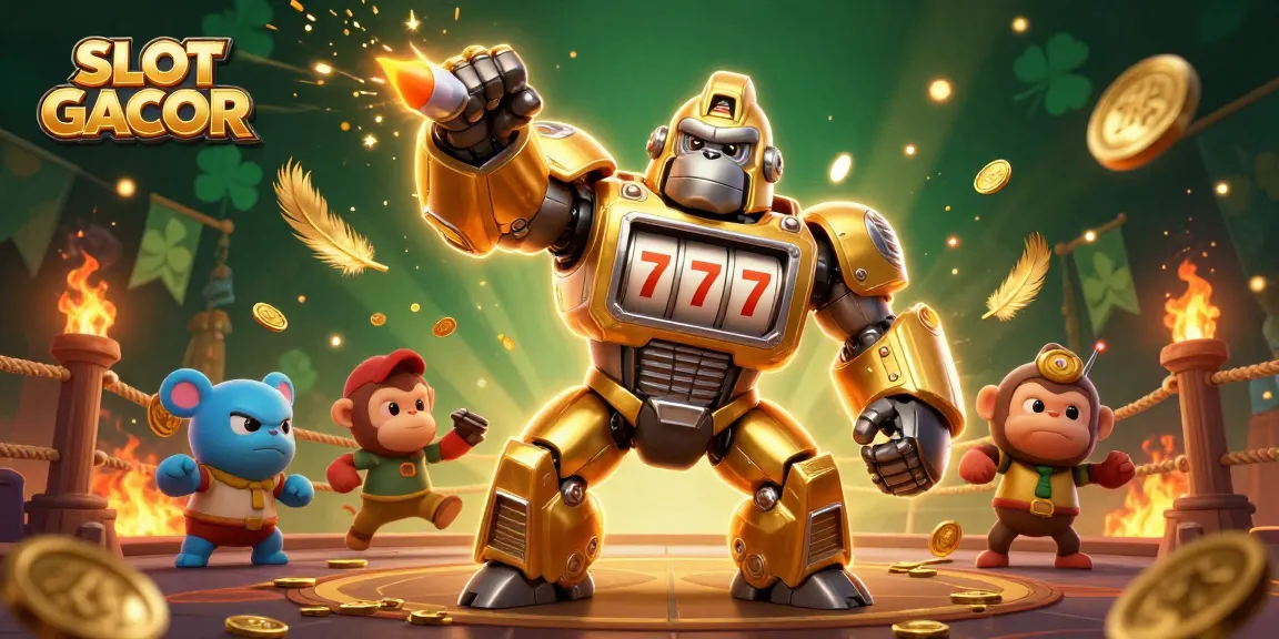 SLOT GACOR showcases a golden gorilla mech in a vibrant casino setting with dynamic gaming elements.