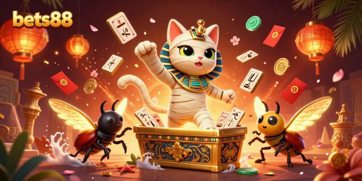 Experience the thrilling moments at bets88 with an exciting casino illustration featuring a mummy cat and glowing elements.