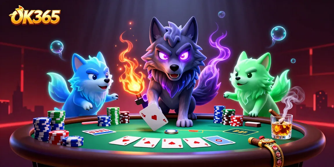 Experience thrilling gaming action with OK365 in a vibrant 3D casino scene featuring poker elements.