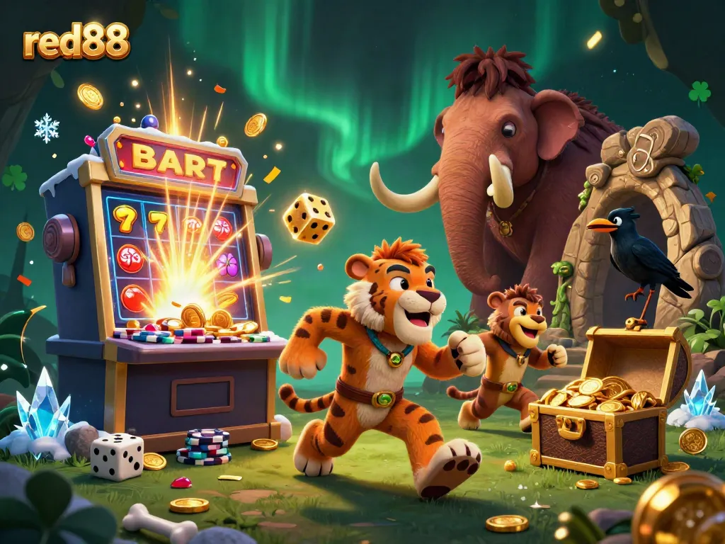 Experience the excitement of red88 with a dynamic casino scene featuring cartoon characters and thrilling game elements.