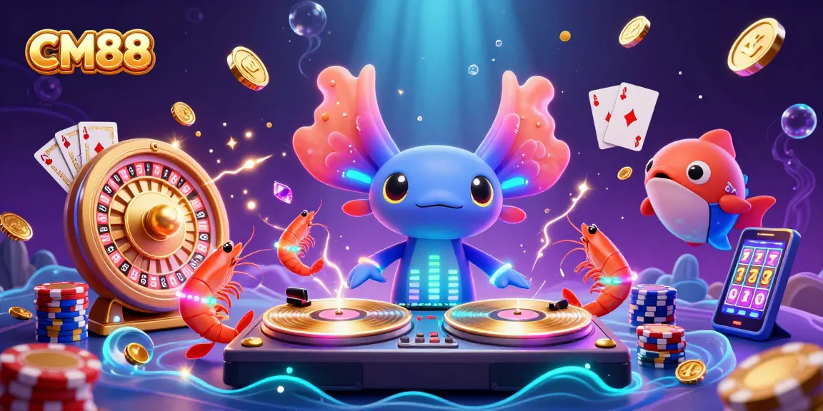 Experience CM88's vibrant casino scene with a colorful axolotl DJ, shining gems, and golden coins.