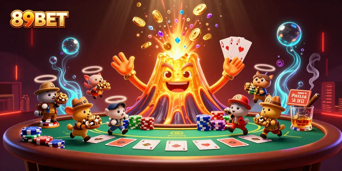 Experience the excitement of 89BET with a vibrant volcano eruption and treasure-filled scene.