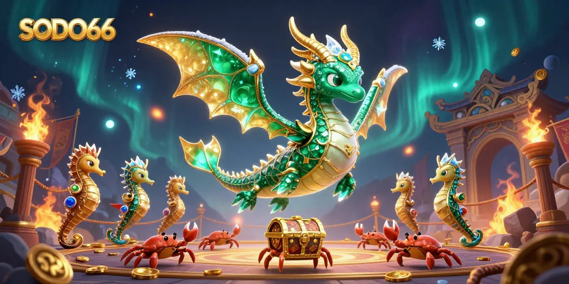 SODO66 players enjoy dynamic gaming with an emerald sea dragon, treasure, and winning coins around