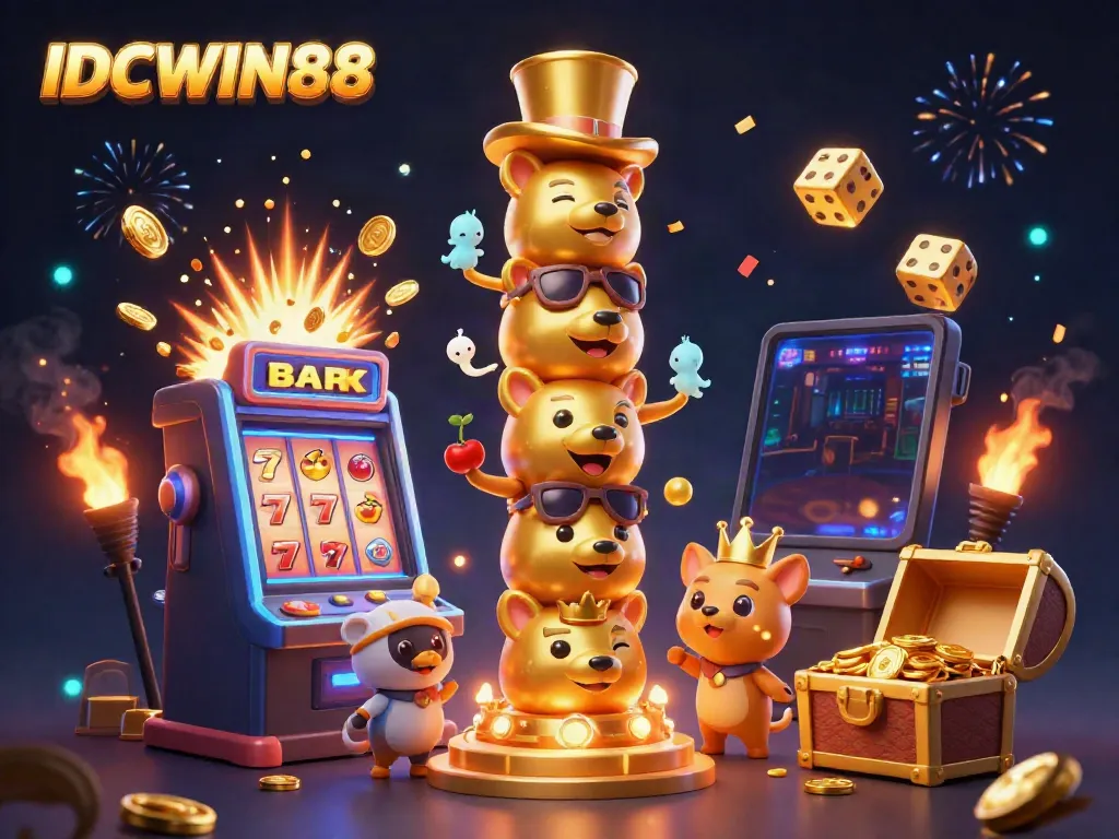 Spin to win with IDCWIN88 in a vibrant casino scene featuring a golden totem pole and slot machine.