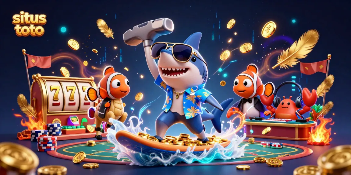 Join the thrill at situs toto with a hammer-head shark surfing gold coins alongside unique sea creatures.