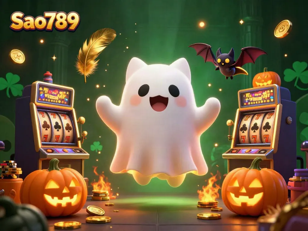 Delight in thrilling casino slots as Sao789’s friendly ghost cat and bat explore a haunted mansion.