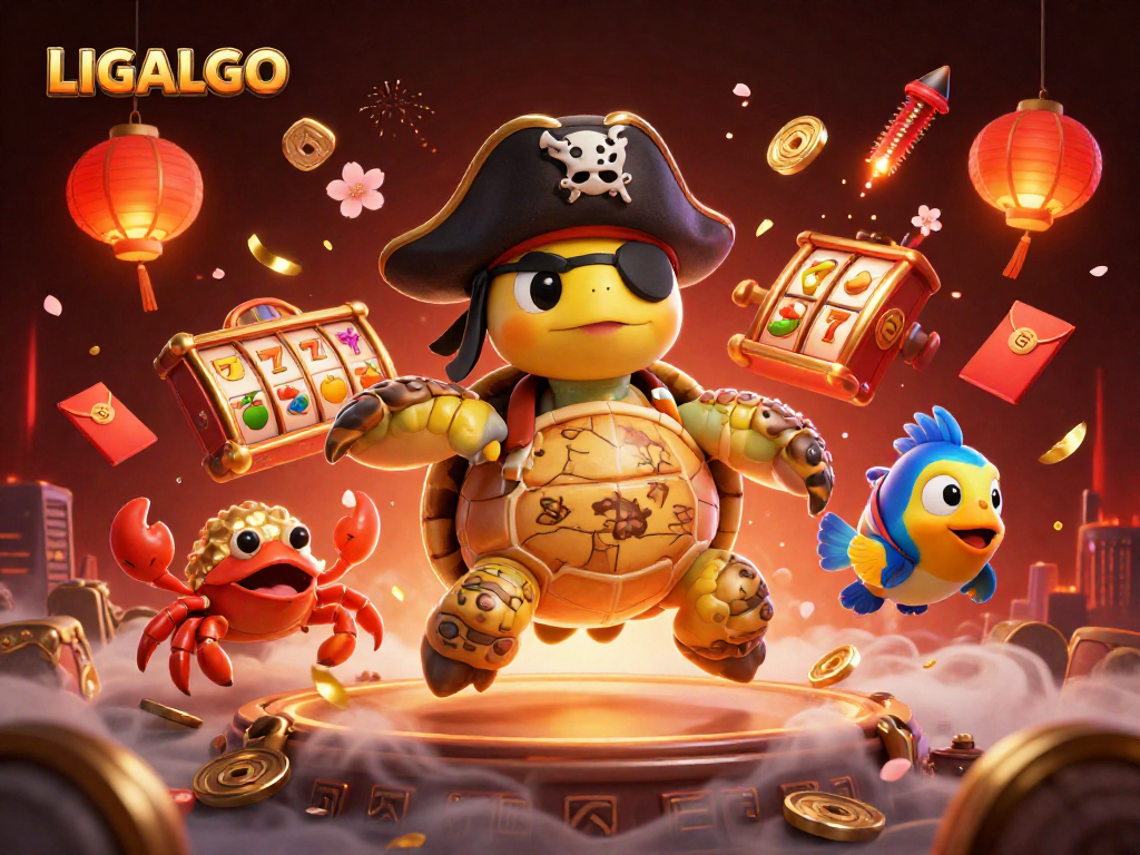 LIGALGO's pirate turtle and friends celebrate treasure above exciting slot reels and festive elements