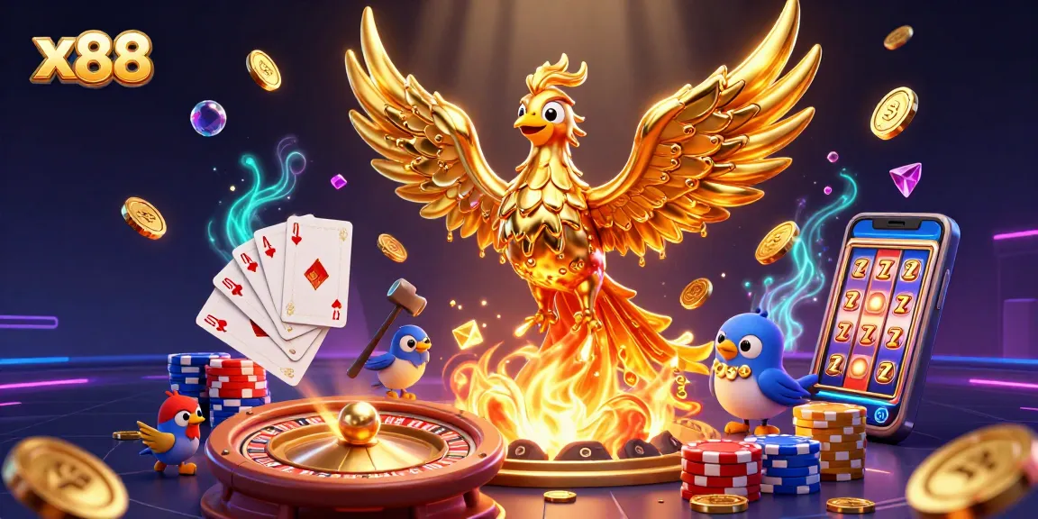 Win big at x88 with a golden phoenix rising over a vibrant casino landscape.
