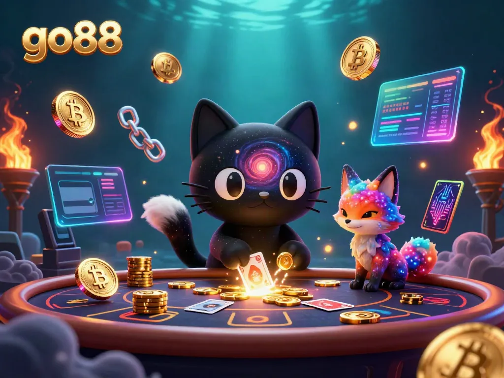 go88 immersive cosmic casino scene featuring a black hole cat and a nebula fox with vibrant elements.