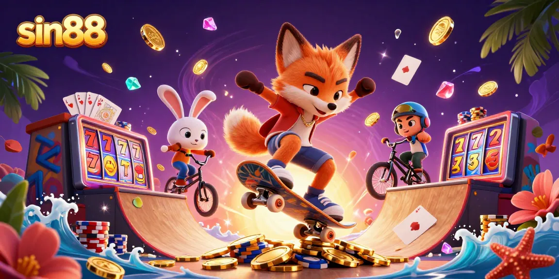 Experience sin88's world with a vibrant 3D casino scene featuring a skateboarder fox and BMX rabbit amidst cascading gems and slot machines.
