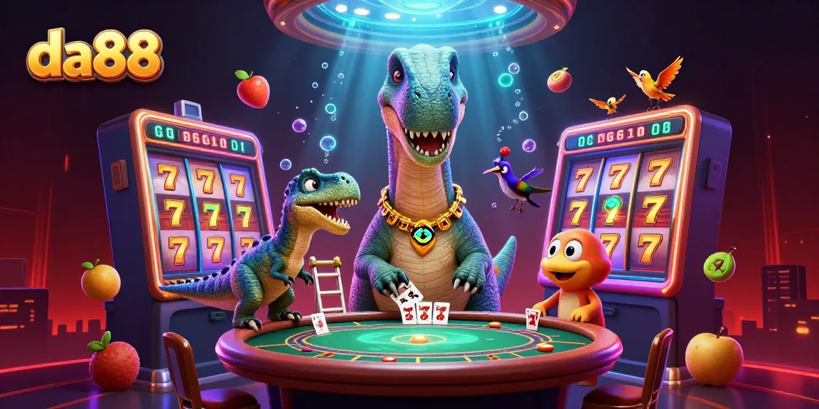 Spin the slots with da88 as cartoon dinosaurs create a lively casino atmosphere.