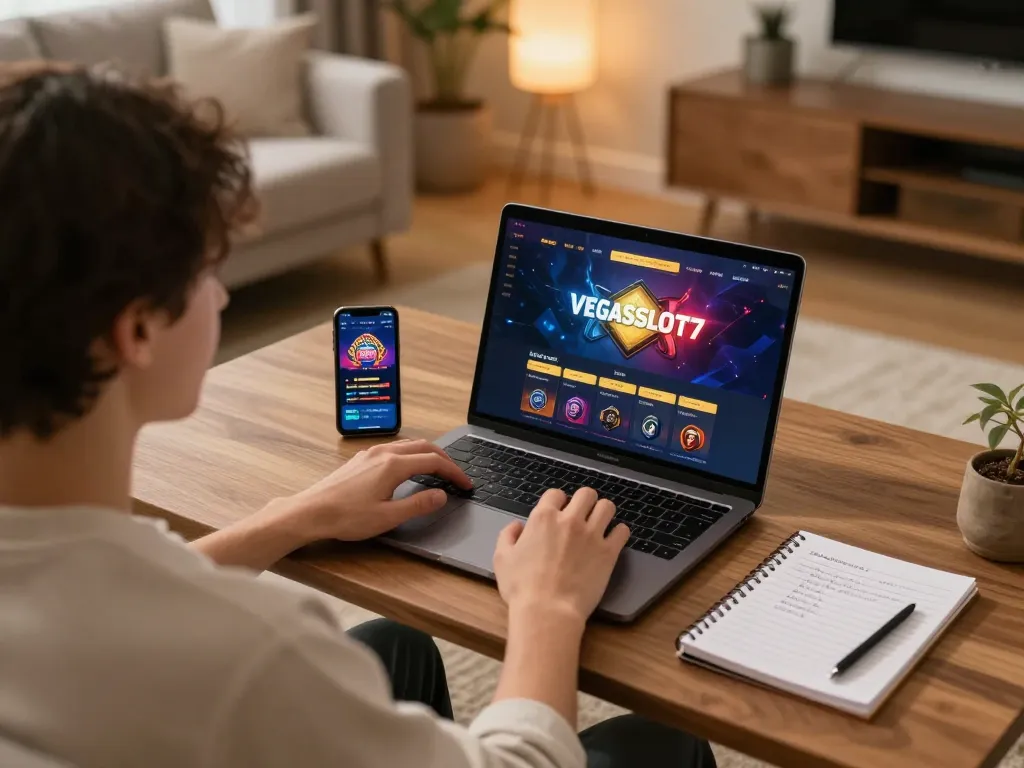 Engaging with VEGASSLOT77 online gaming interface using a laptop in a cozy home setting.
