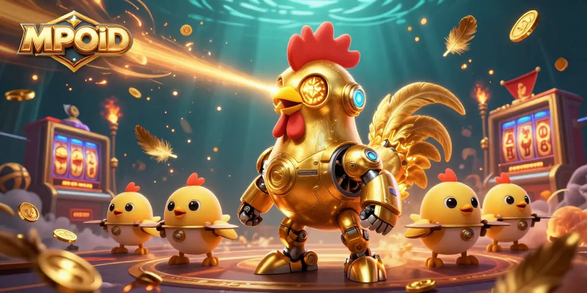 MPOID's enchanting 3D casino scene features a golden rooster robot and baby chick drones amidst dynamic slot reels and gold coins.