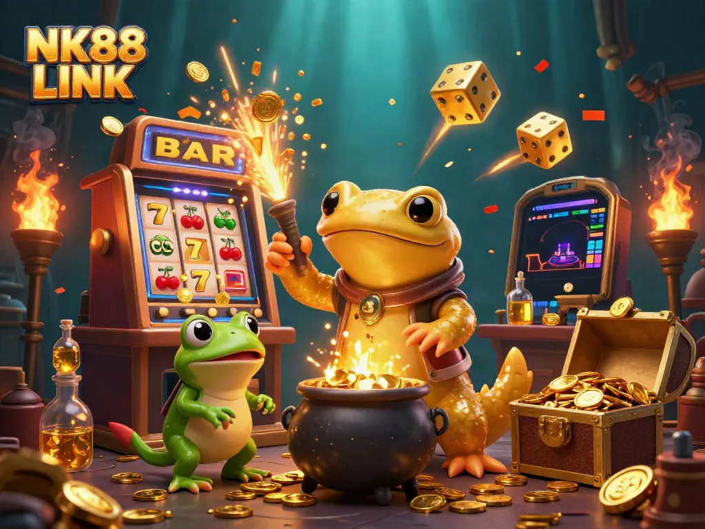 Experience the excitement with NK88 LINK as the golden salamander alchemist transfigures bases into coins in a magical casino scene.