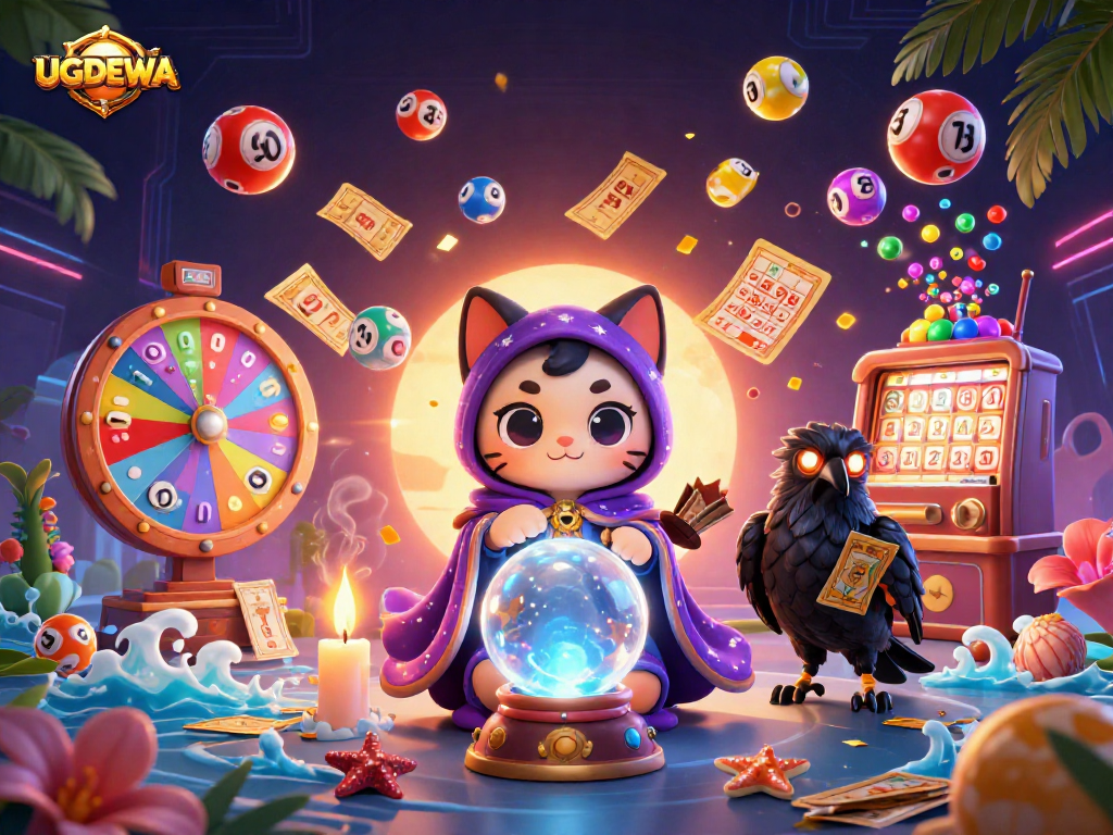 Engage with UGDEWA as a mystic cat collaborates with a tarot raven in a vibrant lottery scene.