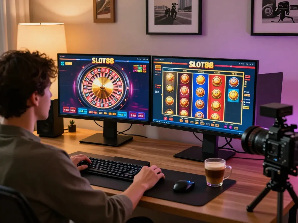 SLOT88 online gaming scene with player engaged in exciting gameplay at home