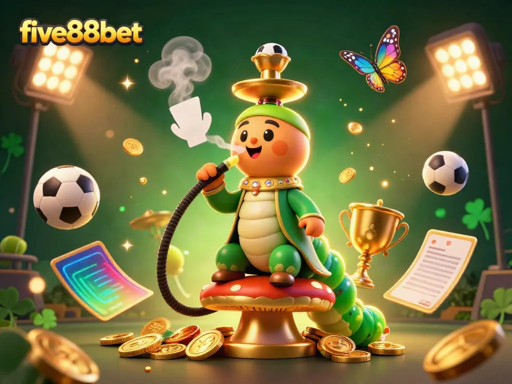 Join the action at five88bet with a vibrant 3D casino scene featuring a caterpillar hookah-master, sports elements, and a dynamic atmosphere.
